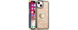 For Apple iPhone 14 PRO 6.1" Passion Square Hearts Diamond Glitter Ornaments Engraving Case Cover - Good Luck Floral Gold