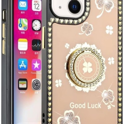 For Apple iPhone 14 PRO 6.1" Passion Square Hearts Diamond Glitter Ornaments Engraving Case Cover - Good Luck Floral Gold