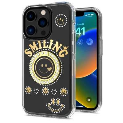 For Apple iPhone XR Smiling Glitter Ornament Bling With Ring Stand Hybrid Case Cover - Black