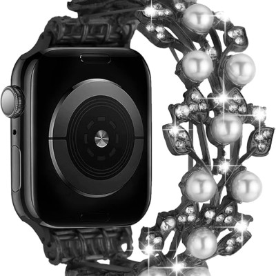 For Apple Watch Size 38/40/41mm Pearl Diamond Zinc Alloy Watch Band - Black