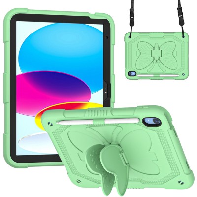 For Apple iPad 10th Gen 2022 Butterfly Kickstand 3in1 Tough Hybrid Case Cover with Shoulder Strap - Colorful Green