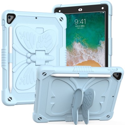 For Apple iPad 8/7 10.2 inch Butterfly Kickstand 3in1 Tough Hybrid Case Cover with Shoulder Strap - Light Blue