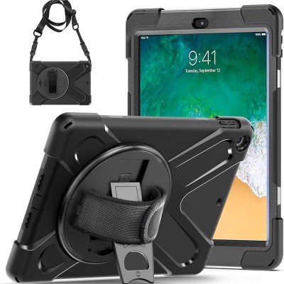For Apple iPad 9.7 inch Tablet Complete 360 Tough Hybrid Kickstand with Shoulder Hand Strap - Black