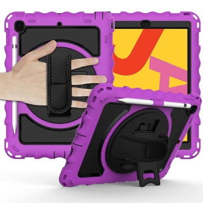 For Apple iPad 9.7 inch Tablet Complete 360 Tough Hybrid Kickstand with Shoulder Hand Strap - Purple