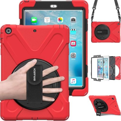 For Apple iPad 9.7 inch Tablet Complete 360 Tough Hybrid Kickstand with Shoulder Hand Strap - Red