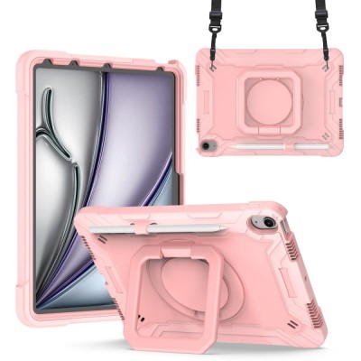 For Apple iPad 9.7 inch Tablet Complete 360 Tough Hybrid Kickstand with Shoulder Hand Strap - Rose Gold