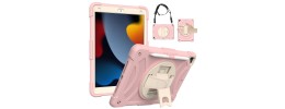 For Apple iPad 9th 8th 7th Gen 10.2 inch Tablet Complete 360 Tough Hybrid Kickstand with Shoulder Hand Strap - Hot Pink