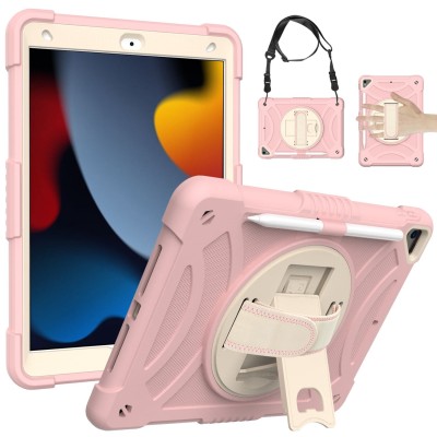 For Apple iPad 9th 8th 7th Gen 10.2 inch Tablet Complete 360 Tough Hybrid Kickstand with Shoulder Hand Strap - Hot Pink