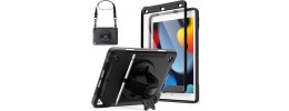 For Apple iPad 9th 8th 7th Gen 10.2 inch Tablet Hand and Shoulder Strap with Kickstand 3in1 Tough Hybrid - Black