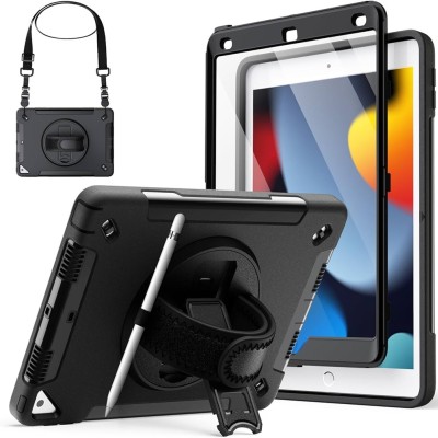 For Apple iPad 9th 8th 7th Gen 10.2 inch Tablet Hand and Shoulder Strap with Kickstand 3in1 Tough Hybrid - Black
