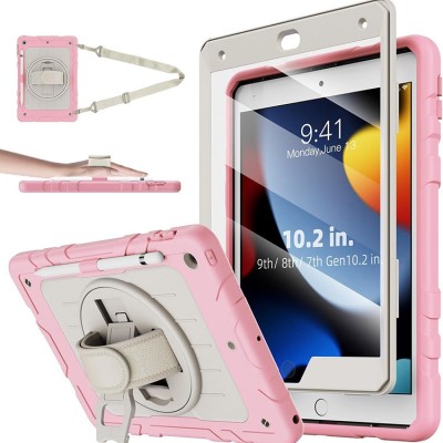 For Apple iPad 9th 8th 7th Gen 10.2 inch Tablet Hand and Shoulder Strap with Kickstand 3in1 Tough Hybrid - Rose Gold