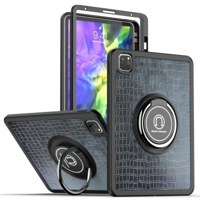 For Apple iPad 9th Gen 10.2 inch (2021) Tablet Unique Design Magnetic Ring Stand Case Cover - Black Croc