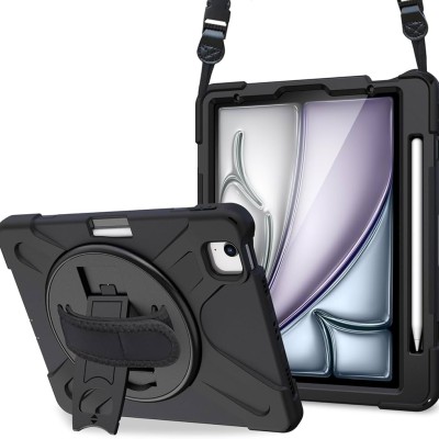 For Apple iPad Air 11inch 2024 Heavy Duty Full Body Rugged Tablet Kickstand Case Cover - Black/Black
