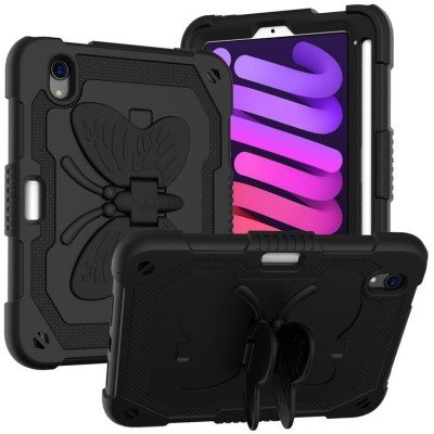 For Apple iPad Mini 6th Gen 8.3 inch (2021) Butterfly Kickstand 3in1 Tough Hybrid Case Cover with Shoulder Strap - Black/Black