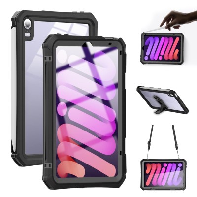 For Apple iPad Mini 6th Gen 8.3 inch (2021) Heavy Duty Full Body Rugged Tablet Kickstand Case Cover - Black/Black