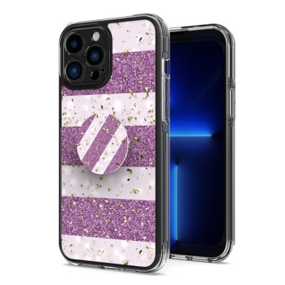 For Apple iPhone 14 PRO MAX 6.7" Glitter Hybrid With Ring Stand Square Heart Passion Hybrid Case Cover - Dark Purple