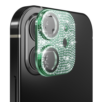 For Apple iPhone 11/12 mini Diamond Bling Camera Lens Full Tempered Glass - Midnight Green