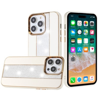 For Apple iPhone 11 (XI6.1) Flashy Diamond Leather Sticked On Hybrid with Chrome Camera Edge - White