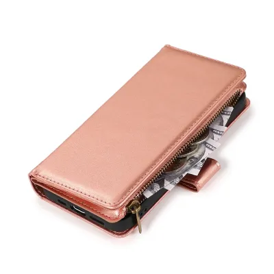 For Apple iPhone 11 (XI6.1) Purse Style Wallet Card ID Money Holder with Zip containing Long & Short Lanyard - Rose Gold