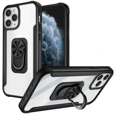 For Apple iPhone 11 (XI6.1) Aluminium Alloy Magnetic Ring Stand Hybrid Case Cover - Black