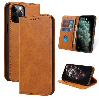 For Apple iPhone 11 PRO MAX / XS Max Luxury Side Magnetic Button Card ID Holder PU Leather Case Cover - Brown