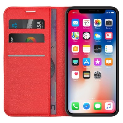 For Apple iPhone 11 PRO MAX / XS Max Luxury Vertical Magnetic Button Card ID Holder PU Leather Case Cover - Red