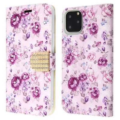 For Apple iPhone 11 Pro MAX (XI6.5) Diamond Bling Design Wallet With Lanyard Cover Case - Blooming Flower