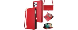 For Apple iPhone 11 (XI6.1) Purse Style Wallet Card ID Money Holder with Zip containing Long & Short Lanyard - Red