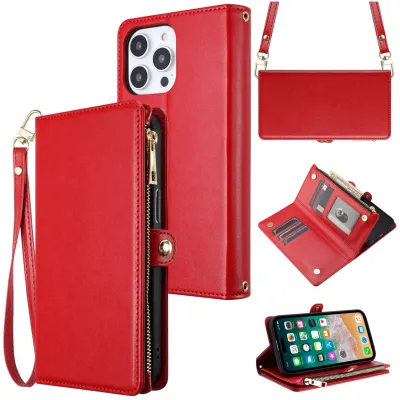 For Apple iPhone 11 (XI6.1) Purse Style Wallet Card ID Money Holder with Zip containing Long & Short Lanyard - Red