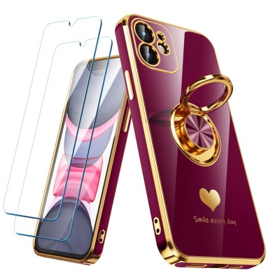For Apple iPhone 11 (XI6.1) Bronze Gold Layer Design Hybrid Cover Case - Hearts Rainbow Love