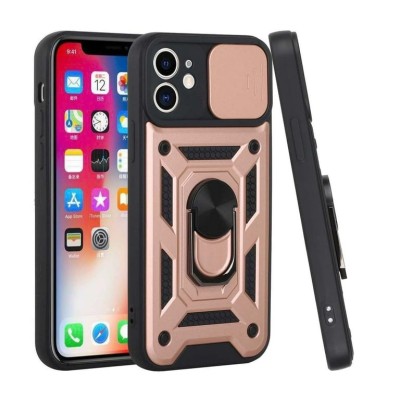 For Apple iPhone 11 (XI6.1) Card Holder with Magnetic Ring Stand Hybrid Case Cover - Rose Gold