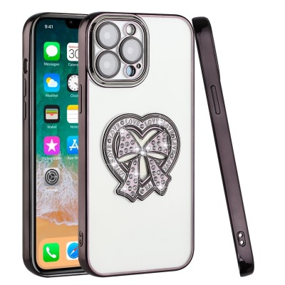 For Apple iPhone 11 (XI6.1) Chromed Logo Bling Glitter Ornaments Transparent Hybrid Case Cover - BowKnot Silver