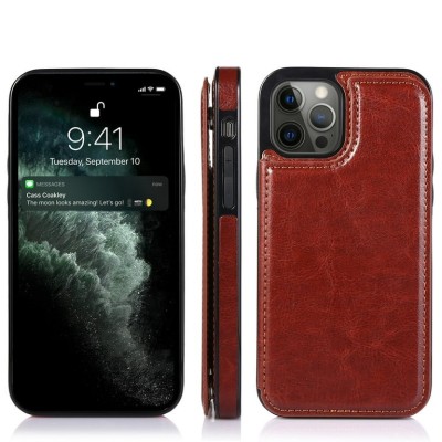 For Apple iPhone 11 (XI6.1) Luxury Side Magnetic Button Card ID Holder PU Leather Case Cover - Brown