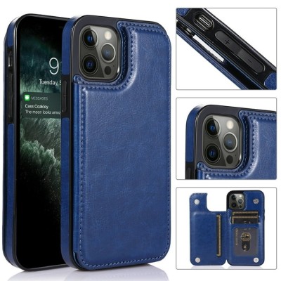 For Apple iPhone 11 (XI6.1) Luxury Side Magnetic Button Card ID Holder PU Leather Case Cover - Dark Blue
