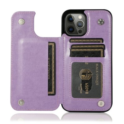 For Apple iPhone 11 (XI6.1) Luxury Side Magnetic Button Card ID Holder PU Leather Case Cover - Light Purple Butterfly Swirl