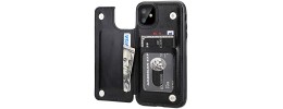 For Apple iPhone 11 (XI6.1) Luxury Vertical Magnetic Button Card ID Holder PU Leather Case Cover - Black