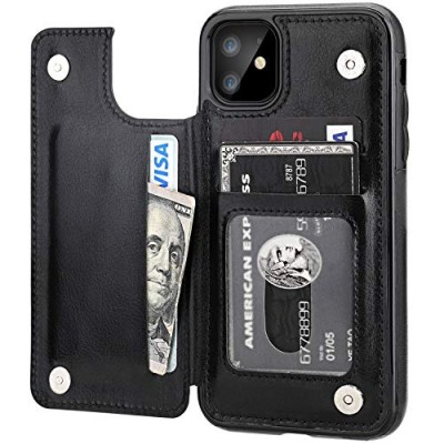 For Apple iPhone 11 (XI6.1) Luxury Vertical Magnetic Button Card ID Holder PU Leather Case Cover - Black