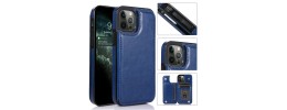 For Apple iPhone 11 (XI6.1) Luxury Vertical Magnetic Button Card ID Holder PU Leather Case Cover - Dark Blue
