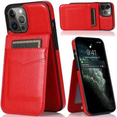 For Apple iPhone 11 (XI6.1) Luxury Vertical Magnetic Button Card ID Holder PU Leather Case Cover - Red
