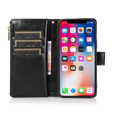For Apple iPhone 11 (XI6.1) Luxury Wallet Card ID Zipper Money Holder Case Cover - Black