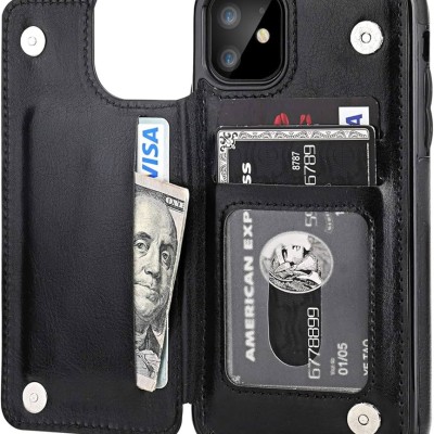 For Apple iPhone 11 (XI6.1) Magnetic Ring Compatible Deattachable PU Leather Hybrid Wallet Money Card Holder with Lanyard - Black