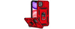 For Apple iPhone 11 (XI6.1) Multi-Functional Card Magnetic Ring Stand Hybrid Camera Case Cover - Red