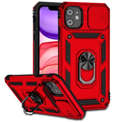 For Apple iPhone 11 (XI6.1) Multi-Functional Card Magnetic Ring Stand Hybrid Camera Case Cover - Red