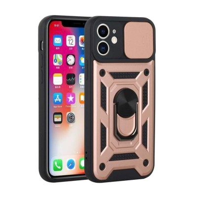 For Apple iPhone 11 (XI6.1) Multi-Functional Card Magnetic Ring Stand Hybrid Camera Case Cover - Rose Gold