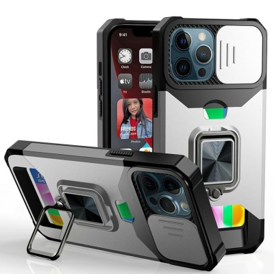 For Apple iPhone 11 (XI6.1) Multi-Functional Card Magnetic Ring Stand Hybrid Camera Case Cover - Silver