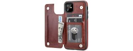 For Apple iPhone 11 (XI6.1) Multi-Functional Cards Slot Wrist Strap Vegan Leather Case Cover - Tan