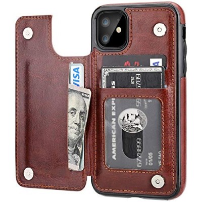 For Apple iPhone 11 (XI6.1) Multi-Functional Cards Slot Wrist Strap Vegan Leather Case Cover - Tan