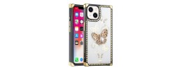 For Apple iPhone 11 (XI6.1) Passion Square Hearts Diamond Glitter Ornaments Engraving Case Cover - Garden Butterflies Gold
