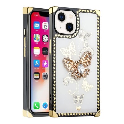 For Apple iPhone 11 (XI6.1) Passion Square Hearts Diamond Glitter Ornaments Engraving Case Cover - Garden Butterflies Gold