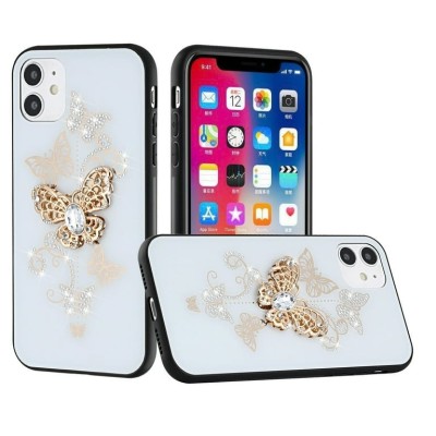 For Apple iPhone 11 (XI6.1) Passion Square Hearts Diamond Glitter Ornaments Engraving Case Cover - Garden Butterflies White